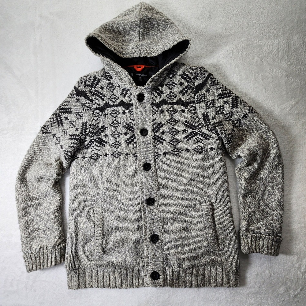 Fair Isle Knit Jacket Mens Large Gray Nordic Quilted Lined Cowichan Fisherman